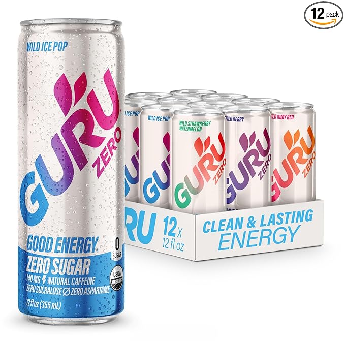 GURU ZERO SUGAR Organic Energy Drinks Variety Pack, Clean Energy Drink with Plant Based Natural Caffeine from Green Tea, Coconut Water, Prebiotic, Zero Added sugars, Gluten Free and Vegan, Pre Workout, Healthy Drinks, 12oz (Pack of 12) - Bloomnest