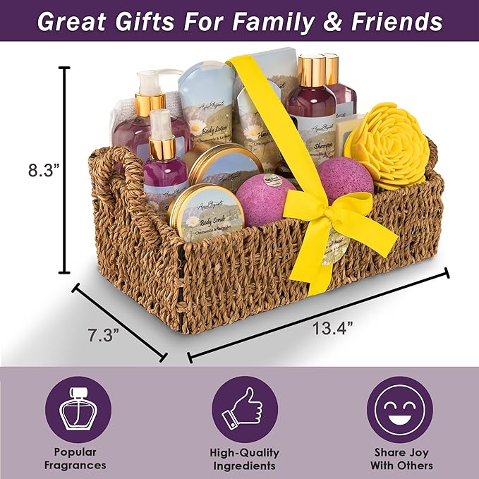 Bath Spa Gift Sets - Luxury Basket With Lavender & Chamomile - Spa Kit Includes Wash, Bubble Bath, Lotion, Bath Salts, Body Scrub, Body Spray, Shower Puff, Bathbombs, Soap and Towel