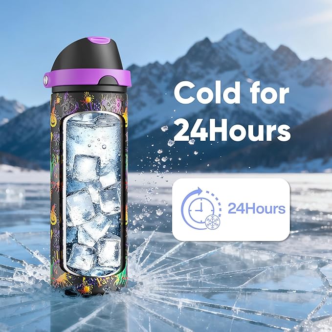 Insulated Water Bottle with Straw - Encool Stainless Steel Water Bottle with Push Button Lid, Leak-Proof & BPA-Free, Keeps Cold for 24 Hours for Sports, Travel, Gym (24 oz, Ghost Party) ENCOOL