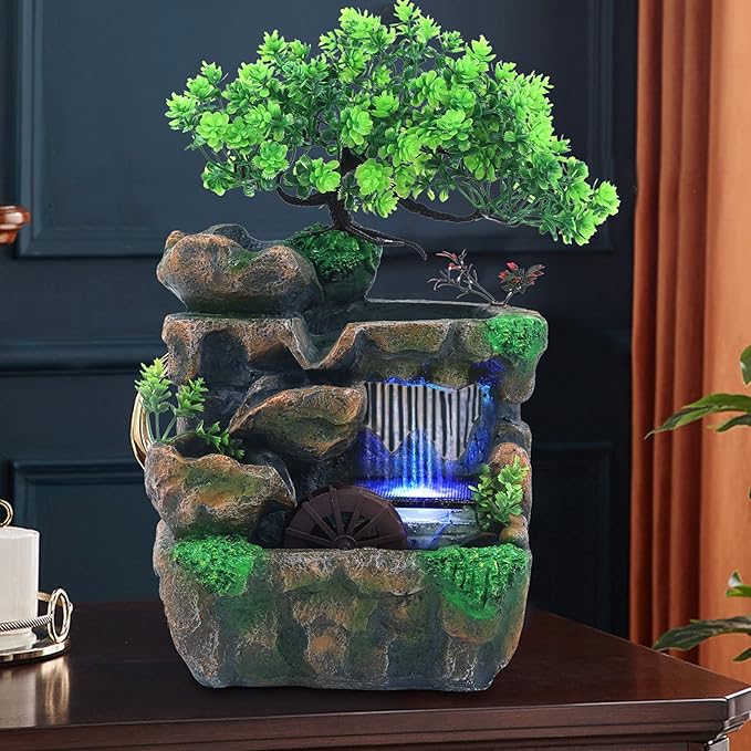 Rockery Tabletop Fountain Water Fountain Rockery Crafts Desktop Simulation Resin Rockery Bonsai with LED Automatic Pump for Office, Home, Bedroom Desk Decoration Gifts (B 7.1x5.9x11.8in) - Bloomnest