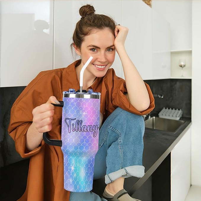 Personalized Mermaid Scales Tumbler with Names, Custom 40oz Tumblers with Handle and Straw Lid, Insulated Stainless Steel Cup, Travel Coffee Mug, Gifts for Christmas Birthday Anniversary Women Her - Bloomnest
