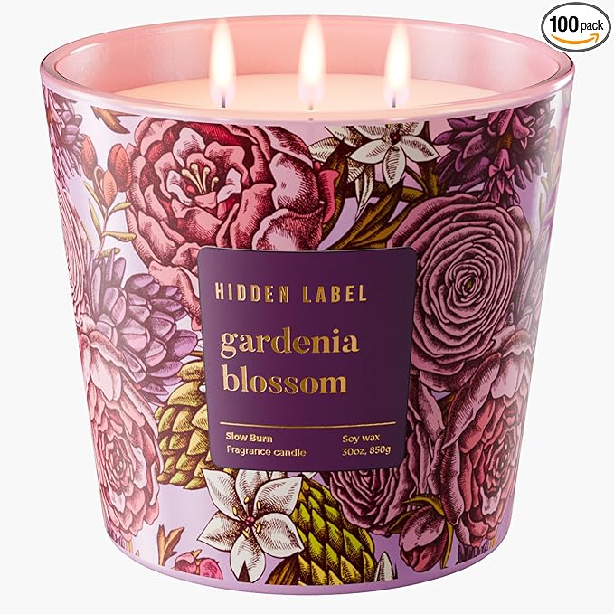 Hidden Label Big Gardenia Blossom Soy Candle, 3 Wick Large Candles for Home Scented, Natural Non Toxic Soy Candles,30oz /100 Hour Burn Time, Aromatherapy Candle for Stress Relief,Relaxation - Bloomnest