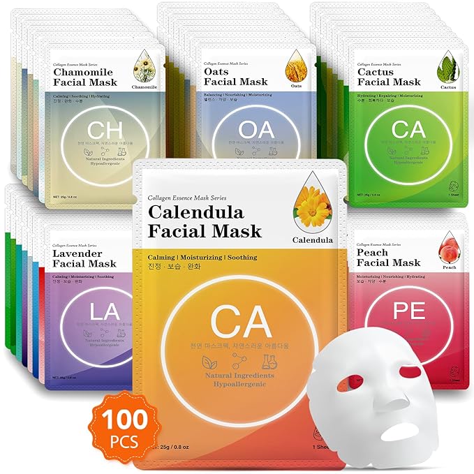 VESPRO 100 Pack Collagen Essence Sheet Facial Masks, Bulk Face Masks Skincare, Hydrating Face Masks for All Skin Types, Moisturizing and Soothing, Skin Care Spa Face Mask - Bloomnest