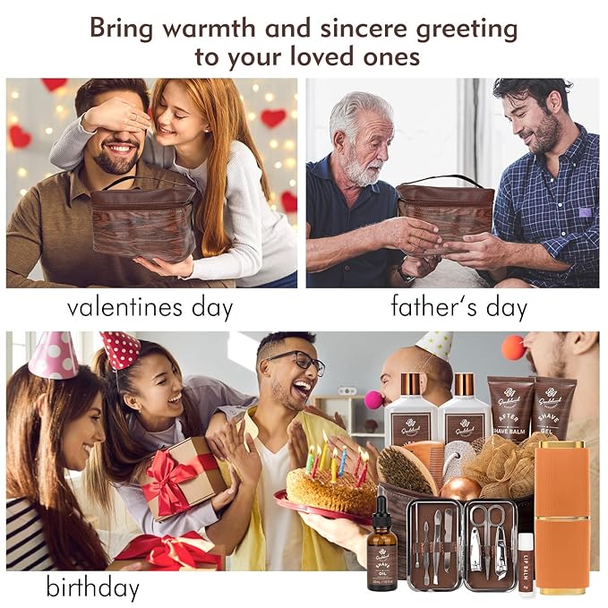 Valentines Day Gifts for Men, 21 Pcs Sandalwood Bath & Body Care Kit, Beard Gift Set for Men, Shave Beard Kit, Leather Bag, Home Spa Kit, Relaxing Men's Gift Basket, Birthday, Father's Day Gift - Bloomnest
