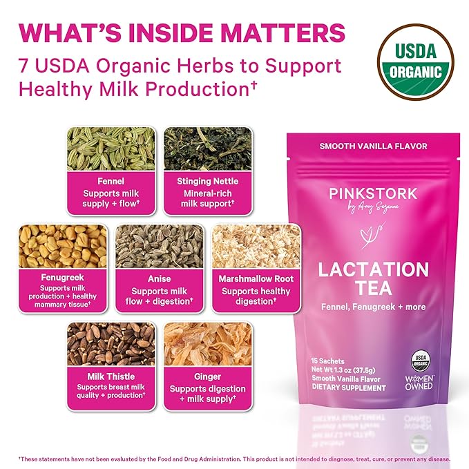Pink Stork Organic Lactation Tea – Fenugreek, Fennel, Milk Thistle + More – Support for Breastfeeding, Pumping, Hydration, Milk Flow – Smooth Vanilla – 15 Sachets, Caffeine-Free - Bloomnest