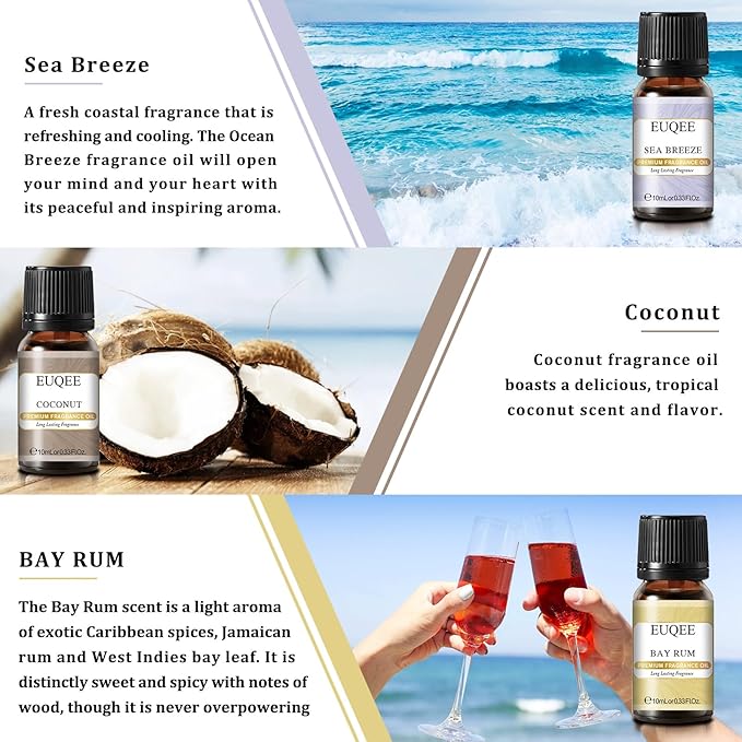 EUQEE Summer Fragrance Oil Gift Set of 6，Holiday Island Essential Oils Set for Humidifier, Aromarathepy-Pineapple, Coconut, Sea Breeze, Bubble Gum, Bay Rum, Marshmallow(10ml) EUQEE