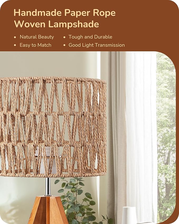 EDISHINE Small Table Lamp, Rattan Wood Tripod Bedside Lamp, Boho Nightstand Lamp for Living Room, End Table, Office, E26 Base, Natural Style - Bloomnest