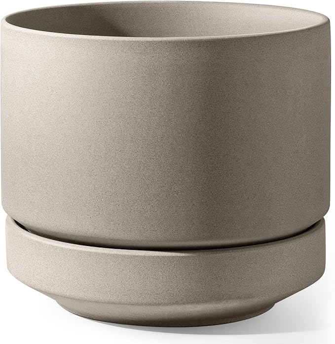 LE TAUCI 12 Inch Pots for Plants with Saucer | Ceramic Outdoor & Indoor Planter Pot for Plants | Drainage Hole, Mesh Pad & Plug | Unglazed Porous | Modern for Home, Office and Patio – Neutral Gray - Bloomnest