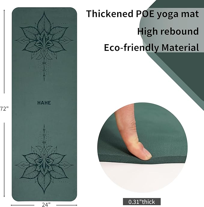HAHE Yoga Mat Thick (8MM,1/3"), Eco-Friendly POE Non Slip Yoga Mat, High Rebound & Shock Absorption, Anti-Tear & Sweat-Resistant for Yoga, Fitness, Home, Workouts, Large Pilates Mats 72"x24" with Carrying Strap - Bloomnest