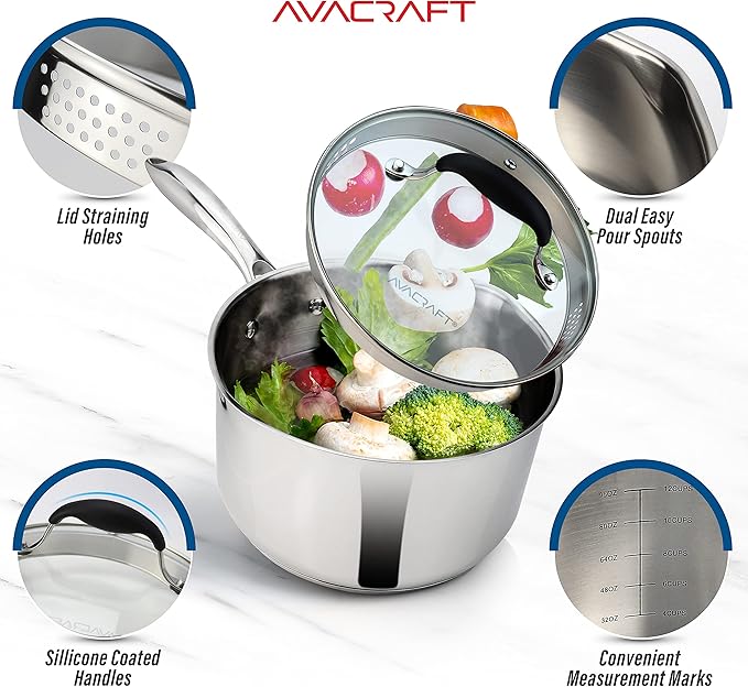 AVACRAFT Stainless Steel Saucepan with Glass Strainer Lid, Two Side Spouts for Easy Pour with Ergonomic Handle, Multipurpose Sauce Pot (5-Ply Capsule Bottom, 3.5 Quart) - Bloomnest