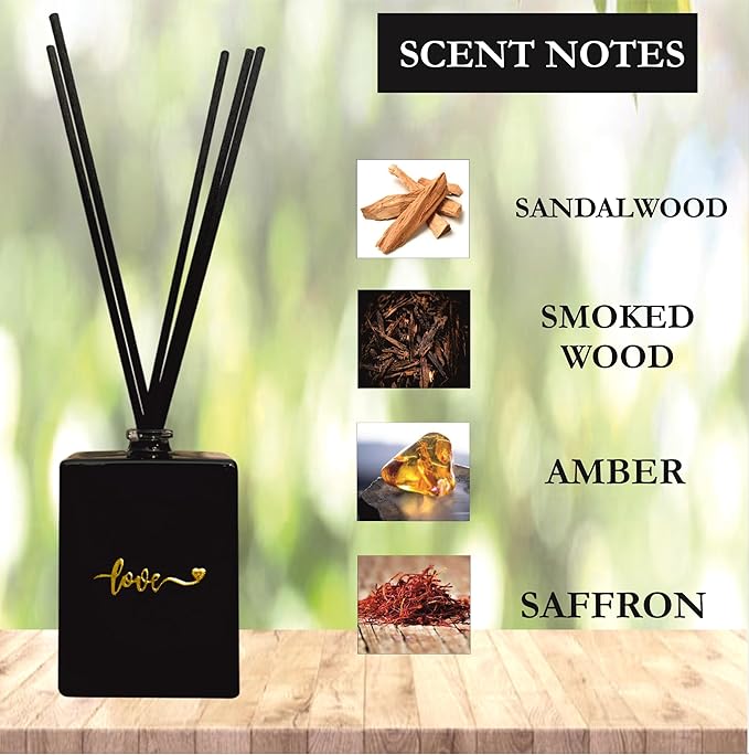Love Reed Diffuser Set | 3 oz Sleek Black Rectangular Glass Diffuser for Loved Ones | Fresh Smelling Home & Offices | Made with Rose & Amber Essential Oils | Ideal for Small Spaces