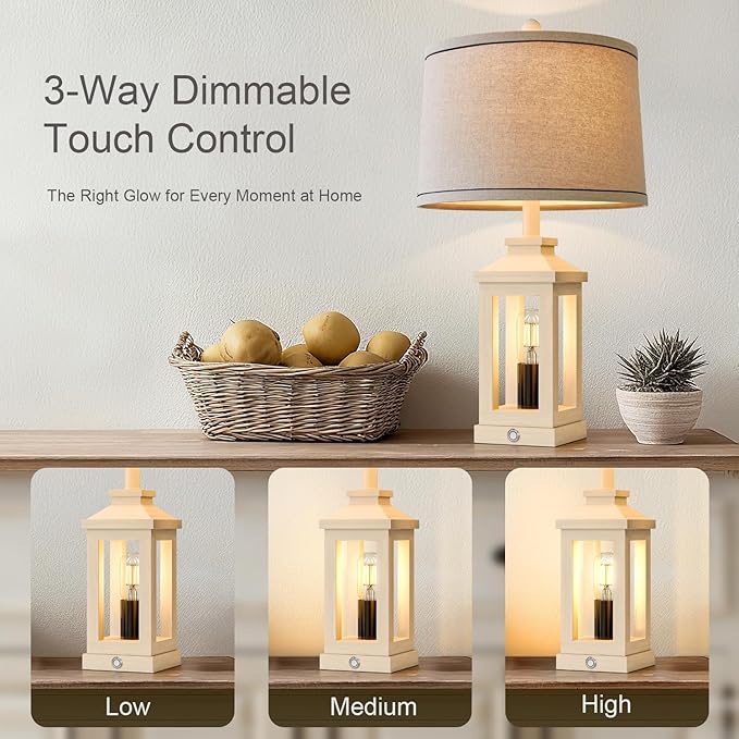 BOBOMOMO 23.75" Antique White Farmhouse Table Lamps Set of 2 – Vintage Nightstand Lamps with 3 Way Dimmable Touch Control Night Light & USB A+C Ports, Rustic Lamps for Bedroom, Living Room, Hallway