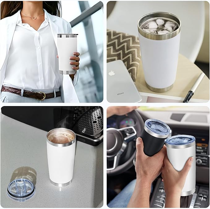 OMTech 20oz Tumblers Bulk, 12pc Stainless Steel Tumbler Set with Lid & Straw, Double Wall Vacuum Insulated Mug for Laser Engraver, Travel Coffee Mug for Hot & Cold Drinks, White Powder Coated Cup - Bloomnest