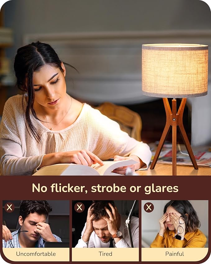 EDISHINE Mid Century Table Lamp, 17.5" Tripod Bedside Lamp with Deep Wood Color Light Base & Beige Linen Lampshade, Nightstand Lamp for Bedroom, Living Room, Reading Room, E26 Base - Bloomnest