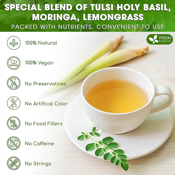 FreshDrinkUS, Premium 55 Tea Bags Tulsi Moringa Lemongrass, 100% Natural & Pure from Tulsi Holy Basil Leaves, Moringa & Lemongrass. Made with Natural Material Tea Bags. No Sugar, No Caffeine, Vegan. - Bloomnest