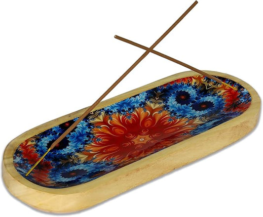 Bless-International Traditional-Handmade-Tray-Burner Wooden-Trat-Incense-Stick-Holder Ash-Catcher-Stand for-Aromatherapy-Meditation-Yoga (Abstract Flowers, 11x4x1.22 Inches) - Bloomnest