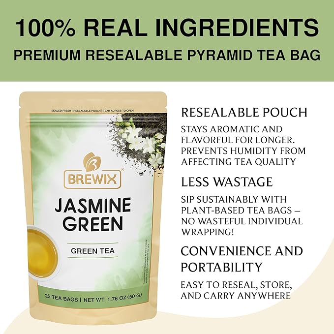 BREWIX, Jasmine Green Tea (25 Pyramid Tea Bags) | High Grown Green Tea from Himalayas with Jasmine | Caffeinated Tea Loose Leaf | High Elevation Grown - Bloomnest