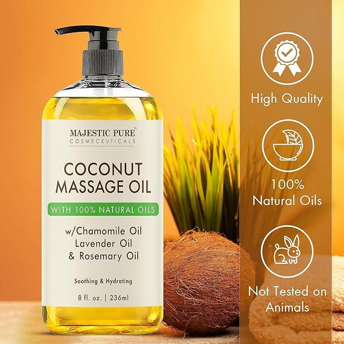 MAJESTIC PURE Coconut Massage Oil for Massage Therapy - Refreshing, and Relaxing - Natural Oils - for All Skin Types - Men and Women - 8 fl oz - Bloomnest