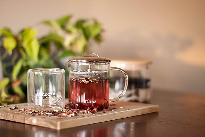 ethoz® Glass Tea Brewer – Premium Loose-Leaf Infuser, Borosilicate Chamber, Stainless Steel Strainer, 14 fl.oz. / 400 mL, Minimalist Design, Sustainable & Easy to Clean - Bloomnest