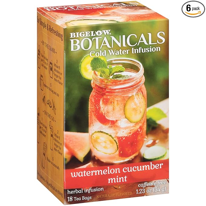 Bigelow Botanicals Cold Water Infusion Watermelon Cucumber Mint, Caffeine Free Herbal Tea with Watermelon, Cucumber and Mint Flavor, 18 Count Box (Pack of 6), 108 Total Tea Bags - Bloomnest