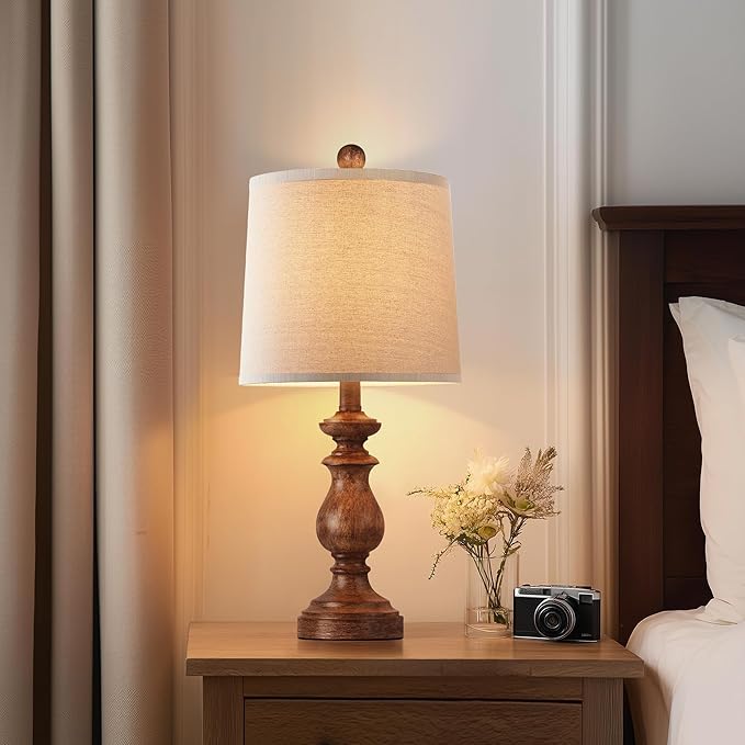 PARTPHONER Traditional Table Lamp Set of 2, Rustic Farmhouse Table Lamps for Living Room Bedroom, 22" Bedside Desk Lamps Vintage Nightstand Lamps with Linen Shades, Wood Grain - Bloomnest