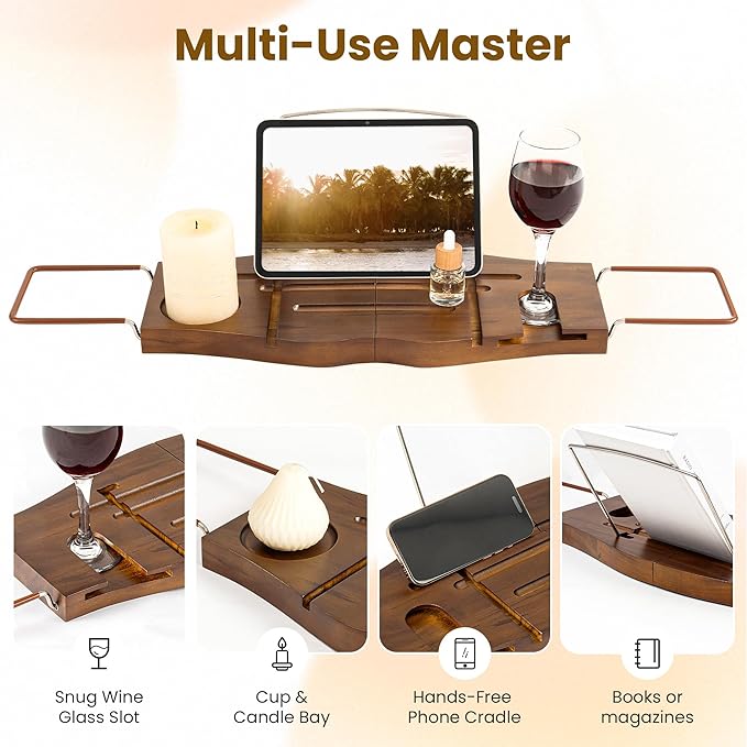 Teak Bathtub Tray Expandable Bathroom Tray for Home Spa Relaxation, Wooden Tray Caddy for Bathtub, Teak Bathtub Caddy as Unique Housewarming, Birthday, Wedding Shower Gifts. Light Walnut - Bloomnest