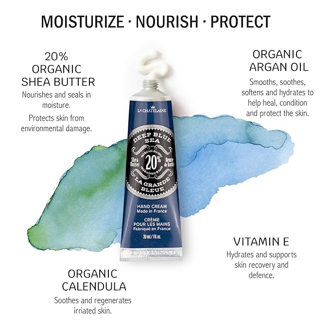 La Chatelaine Hand Cream Gift Set for Men, Ready-To-Gift Travel Size Hand Lotion, Natural Hand Cream Made in France with 20% Organic Shea Butter (Deep Blue Sea, Sandalwood, Citrus Zest) 3 x 1 fl oz - Bloomnest