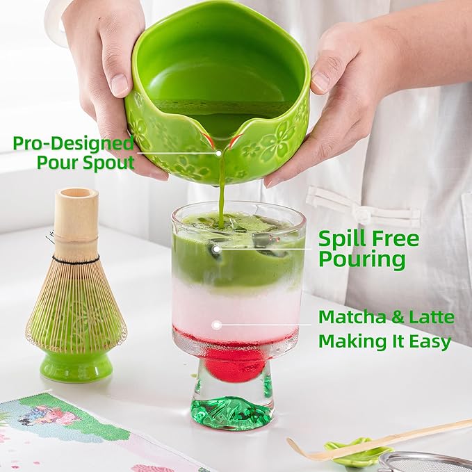TEANAGOO 7-PCS Green Matcha Whisk Set with Cherry Blossom Design, Complete Ceremony Kit, Ceramic Chawan Bowl with Spout, Whisk & Accessories, Traditional Matcha Tea Set for Lattes& Gift Giving - Bloomnest
