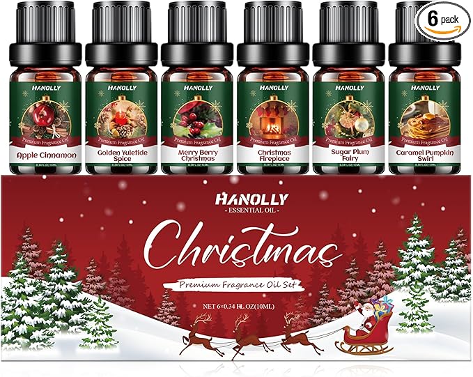 Christmas Fragrance Oil Set, 6 Premium Holiday Essential Oils for Diffuser, Candle Making - Caramel Pumpkin Swirl, Apple Cinnamon, Merry Berry Christmas, Christmas Fireplace Scented Oil Gift Set - Bloomnest