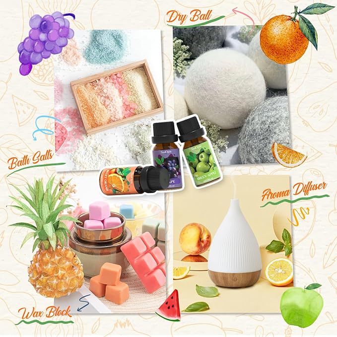 Fruit Essential Oils Set, Fragrance Oil Set for Diffuser, Scent Diffuser Oil for Candle Making- Pineapple, Sweet Orange, Grape, Green Apple, Blueberry, Watermelon - Bloomnest