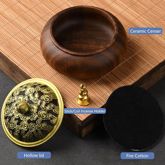 Wood Incense Burner with Holder - Handmade Smudging Bowl for Stick or Coil Incense - Walnut - Bloomnest