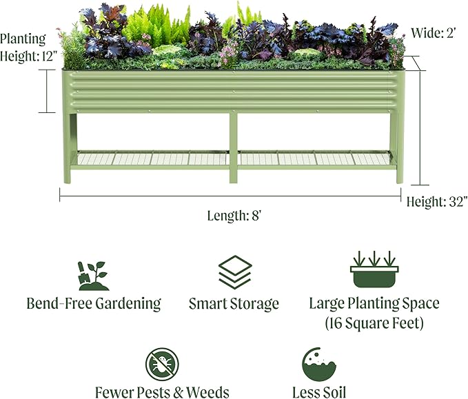 Elevated Raised Garden Bed-V Series, 2' x 8' Garden Beds with Legs & Storage Rack for Patio Porch, 1400 Lbs Weight Capacity, Outdoor Planter Boxes for Gardening Herbs Vegetables Flowers, Pearl White - Bloomnest
