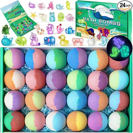 Bath Bombs for Kids with Toys Inside - 24 Pack Kids Bath Bombs with Glow in The Dark Surprise Toys Inside, Natural Organic Bubble Bath Fizzy, Christmas Gifts for Kid Girls Boys, Stocking Stuffers - Bloomnest