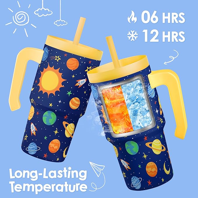 Outer Space Tumbler 20oz with Handle and Silicone Straw Lid for Kid, Insulated Stainless Steel Cup, Gift for Kids Boys, Gifts Idea for Birthday Christmas Back to School - Bloomnest