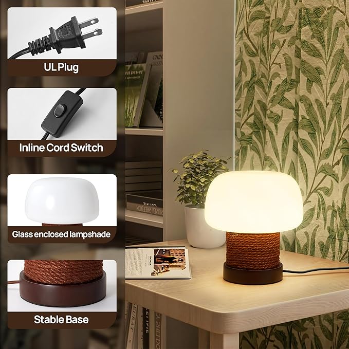 Small Table Lamp for Bedroom-Wooden Base Mushroom Table Lamps,Milky White Glass Shade,Three Adjustable Color Temperatures Modern Cute Unique Side Table and Desk Lighting(H 7.4 in) - Bloomnest