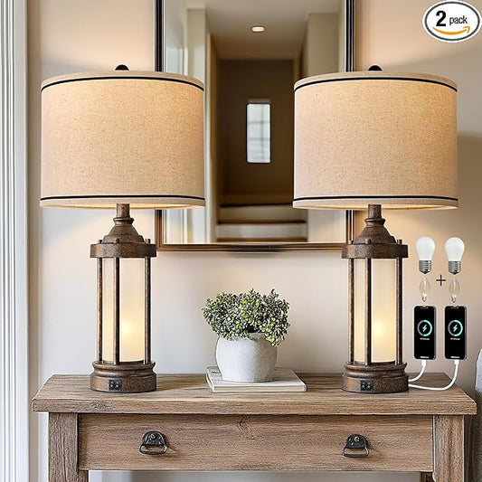 25'' Table Lamps Set of 2 for Living Room Bedroom Farmhouse Metal Lamps with 2 USB Ports, Built-In Frosted Glass Night Light Vintage Industrial Nightstand Bedside Lamp, 4 Bulbs Included, Bronze - Bloomnest