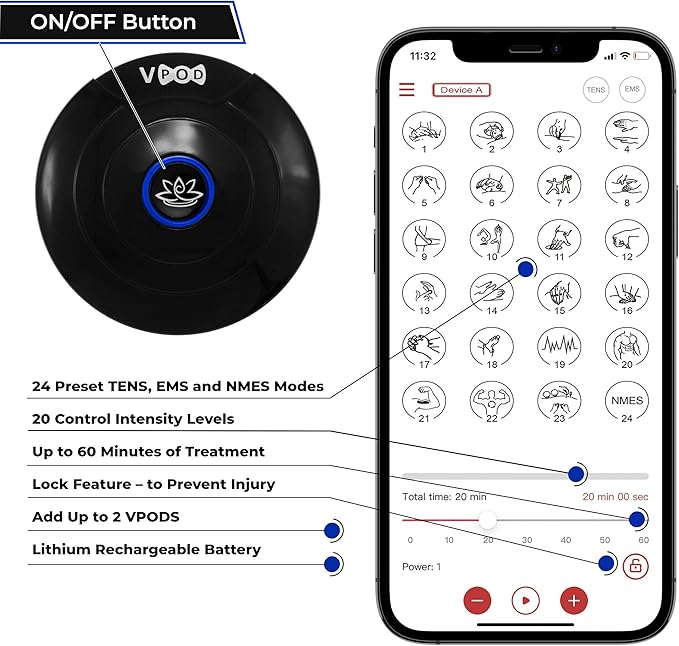 Massage Therapy Concepts VPOD Wireless TENS Unit Muscle Stimulator - Bluetooth Device with 24 Therapy Modes for Pain Relief - HSA FSA Eligible for Back Neck Nerve Pain