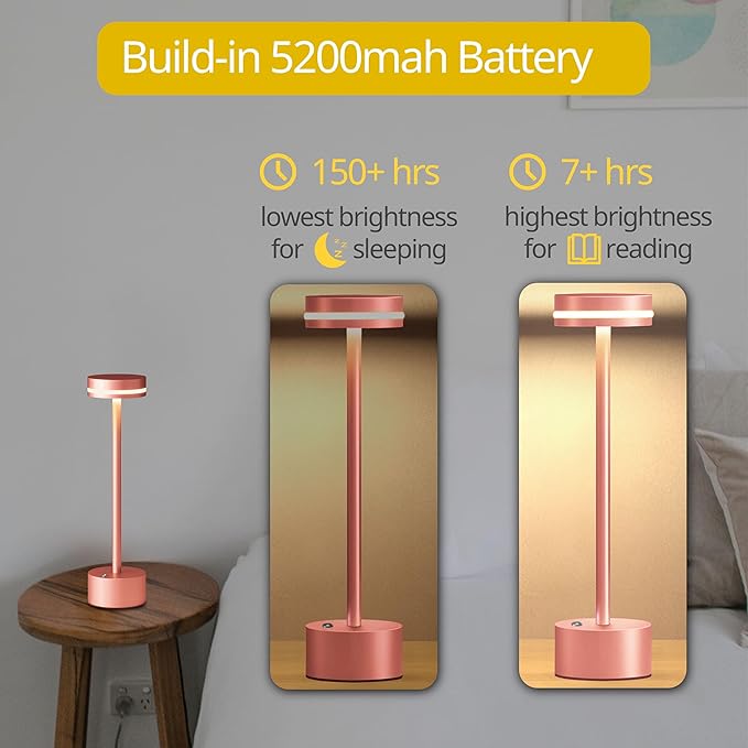 Cordless Table Lamp, Portable Rechargeable Bedside Lamp, Touch Stepless Dimmable Desk Lamp, for Home Bedroom Hotel Restaurant Bar Outdoor, 2 Set, Rose Gold - Bloomnest