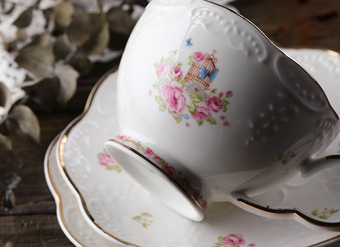 Jusalpha® Vintage Porcelain Flower Series Tea Sets, Tea Cup Saucer Set with Teapot Warmer- Filter and Spoon, 16pcs in 1 set (16pcs set) - Bloomnest