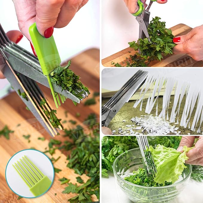 VlBlRlIT2025 Upgraded Herb Scissor,Leaf Stripper,Stainless Steel 5Blade Kitchen Scissors,Peelers for Kitchen,forChopping Chive,Vegetables,Salad,collard Greens,Parsley,Rosemary As Christmas gifts Green - Bloomnest