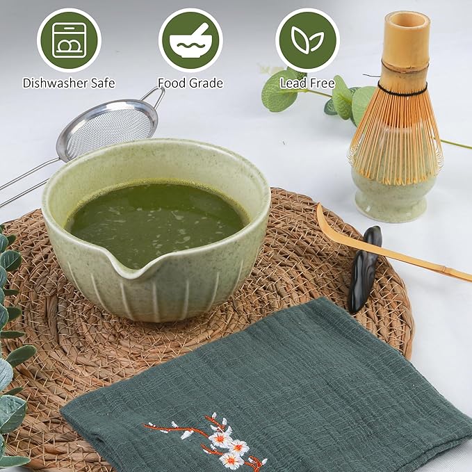 Matcha Bowl and Tea Whisk Set, 7-Piece Collection: 19-ounce ceramic bowl, whisk stand, bamboo scoop with scoop holder, tea strainer, and tea towel. Complete matcha ceremony set. - Bloomnest