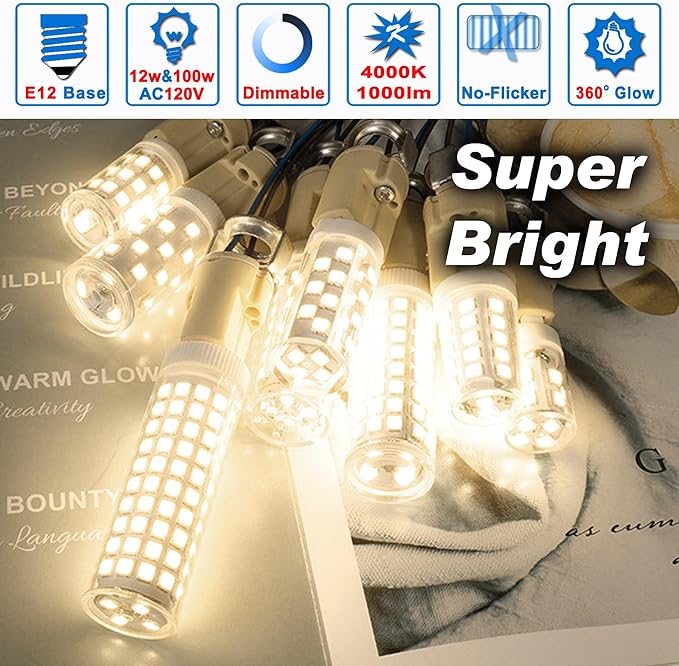 Dimmable E12 100w LED Bulbs Equivalent C7,4000K Natural Neutral White,1000 lm T6 E12 12W LED Candle Bulbs for Candelabra Ceiling Fan Chandelier Pendant Lighting Salt Lamp,2 Pack - Bloomnest