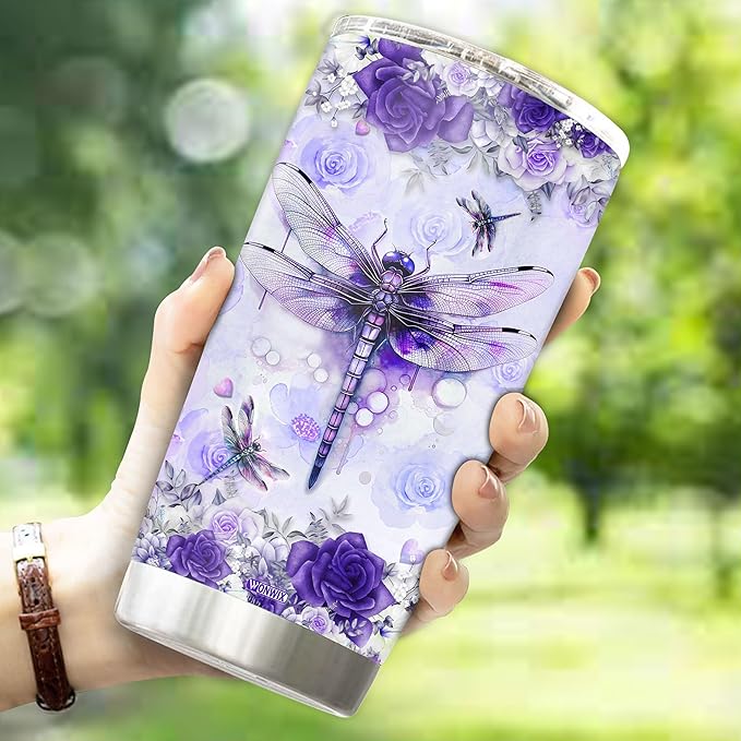 Personalized Dragonfly Coffee Mug Cups Gifts For Women Unique Mom, Purple Dragonflies Water Bottle Mothers Day Birthday Christmas Valentine 20oz Stainless Steel Thermos Tumbler Cup With Lid - Bloomnest