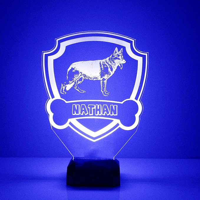 Dog LED Light for Dog Lovers, Custom Engraved with Your Name or Text, Includes Remote with 16 Colors (German Shepherd (Shield)) - Bloomnest