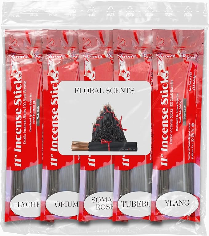 Floral Scents 11'' Incense Sticks - Variety Set 500 Pack - 11 inch - 5 Bundles 100 Sticks Per Fragrance Scent. Set Features Lychee, Op-ium, Somali Rose, Tuberose, Ylang AromaDepotInc