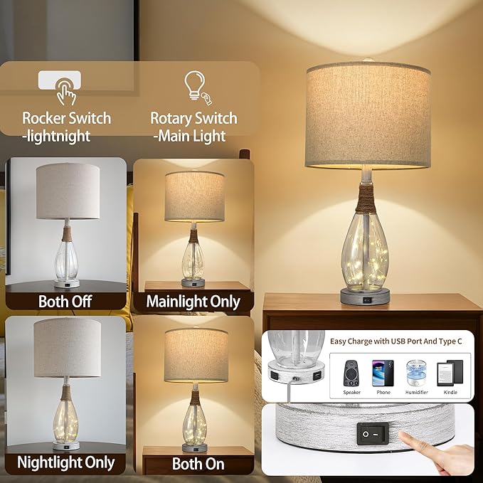 OYEARS 23" USB A+C Table Lamp for Bedroom Living Room Modern Bedside Lamps Retro Farmhouse Rattan Glass Nightstand Nightlight Lamps (White),Two Light Points - Bloomnest