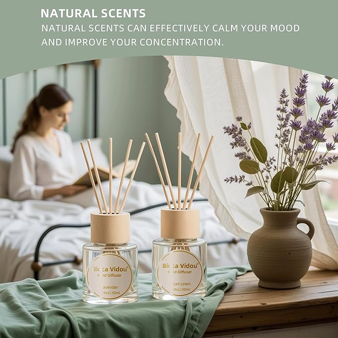 Binca Vidou Reed Diffuser Set Lavender & Linen Natural Scent Theme Oil Diffusers with Sticks for Home Office Bathroom Aromatherapy Decor 1.69oz x 2 - Bloomnest