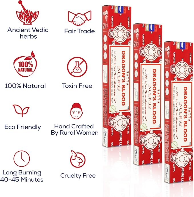 Satya Nagchampa Dragon Blood Incense Sticks, Satya Bng (Bangalore) Insenses 15gmx3 Pack (45 GMS) with Raajsee Incense Holder Bundle, Satya Nagchampa Natural Incense - Bloomnest