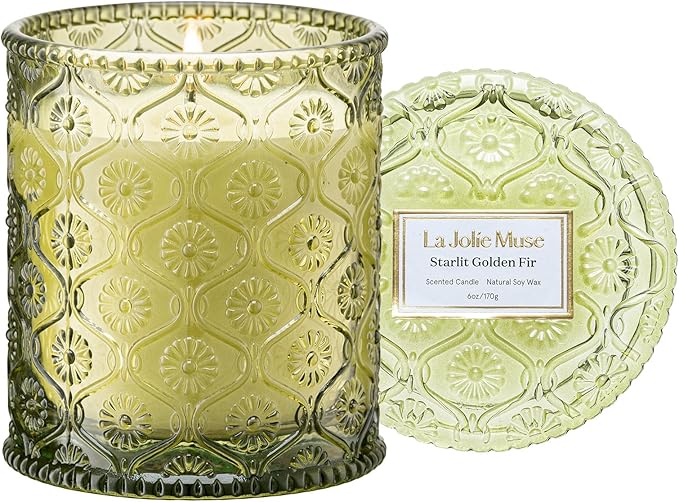 LA JOLIE MUSE Starlit Golden Fir Candle - Cedarwood, Patchouli, Fir Balsam | 6 oz Natural Soy Wax | 40 Hours Clean Burn | Balsam and Fir Candle | Gift-Ready for Hosts & Gatherings - Bloomnest