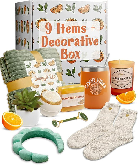 Sunny&Wise Care Package For Women - Designed in USA - Self Care Gifts After Surgery, Get Well Soon, Orange Fruit Themed, Thinking of You, 12 Oz Good Vibes Tumbler